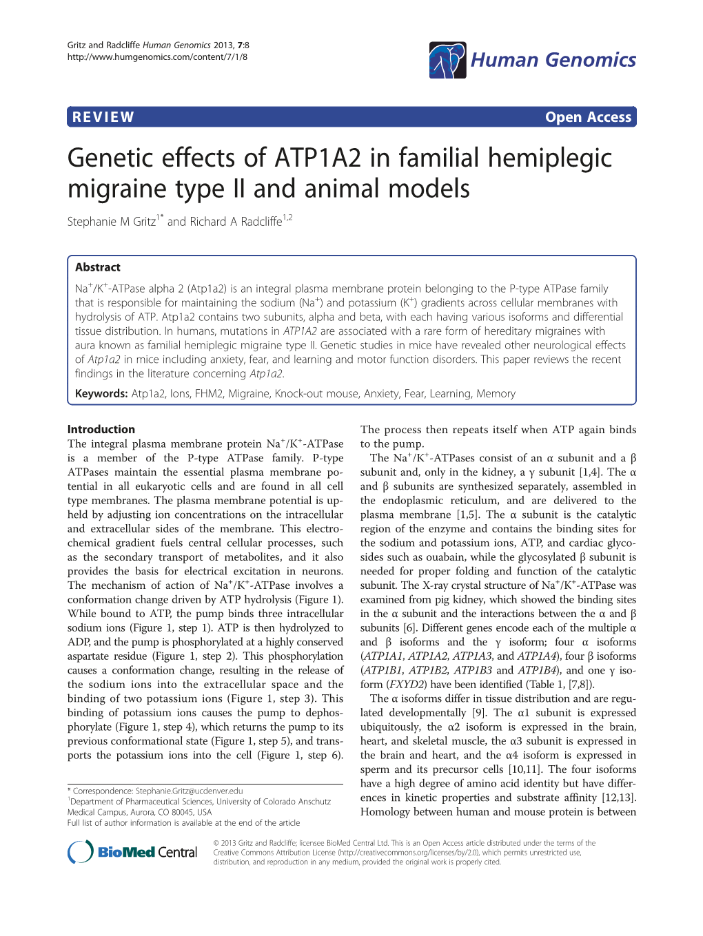 Genetic Effects of ATP1A2 in Familial Hemiplegic Migraine Type II and Animal Models Stephanie M Gritz1* and Richard a Radcliffe1,2