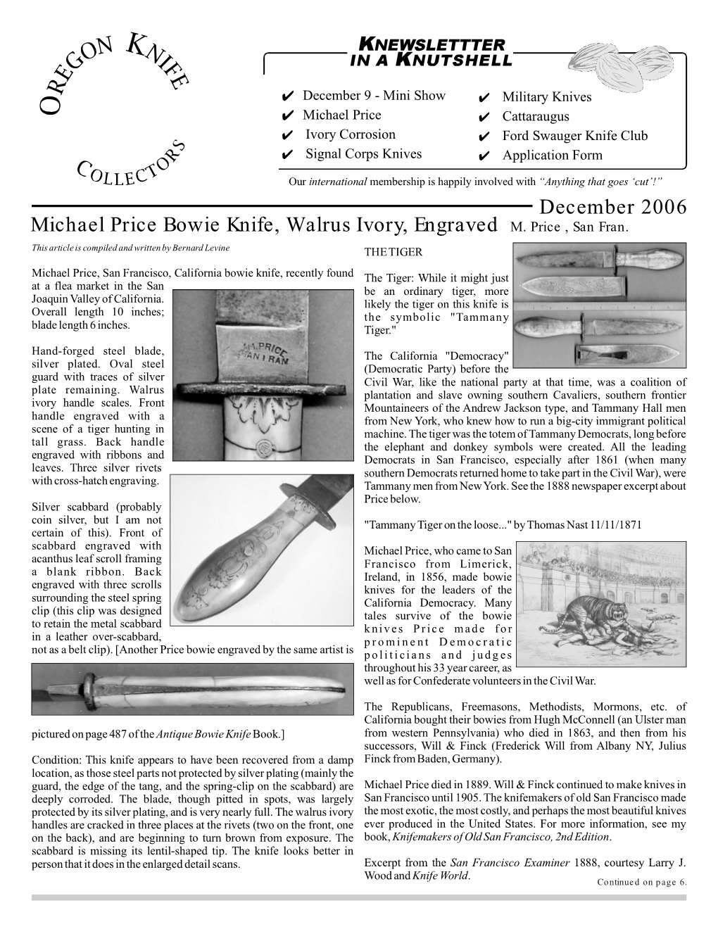 December 2006 Michael Price Bowie Knife, Walrus Ivory, Engraved M