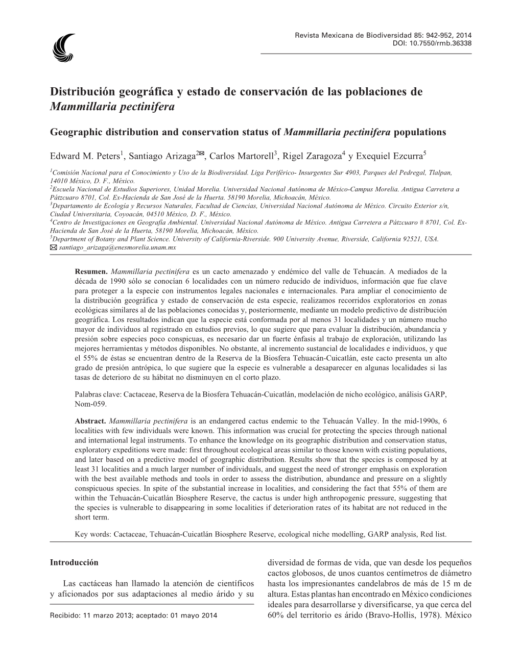 Distribución Geográfica Y Estado De Conservación De Las Poblaciones De Mammillaria Pectinifera