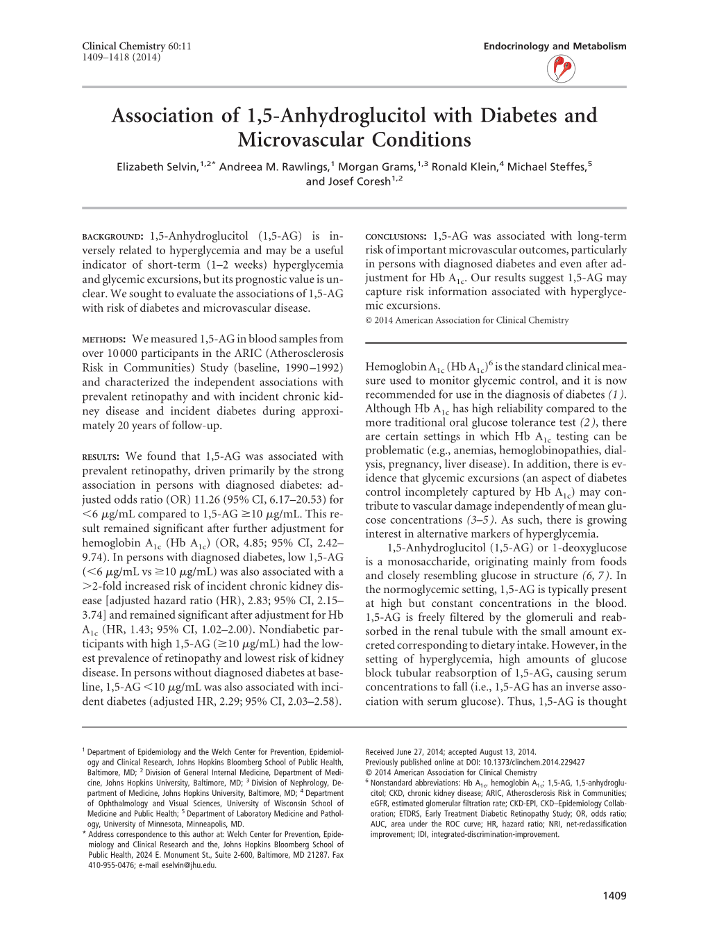 Association of 1, 5-Anhydroglucitol with Diabetes and Microvascular