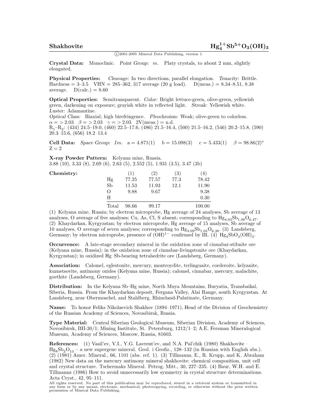 Shakhovite Hg4 Sb O3(OH)3 C 2001-2005 Mineral Data Publishing, Version 1 Crystal Data: Monoclinic