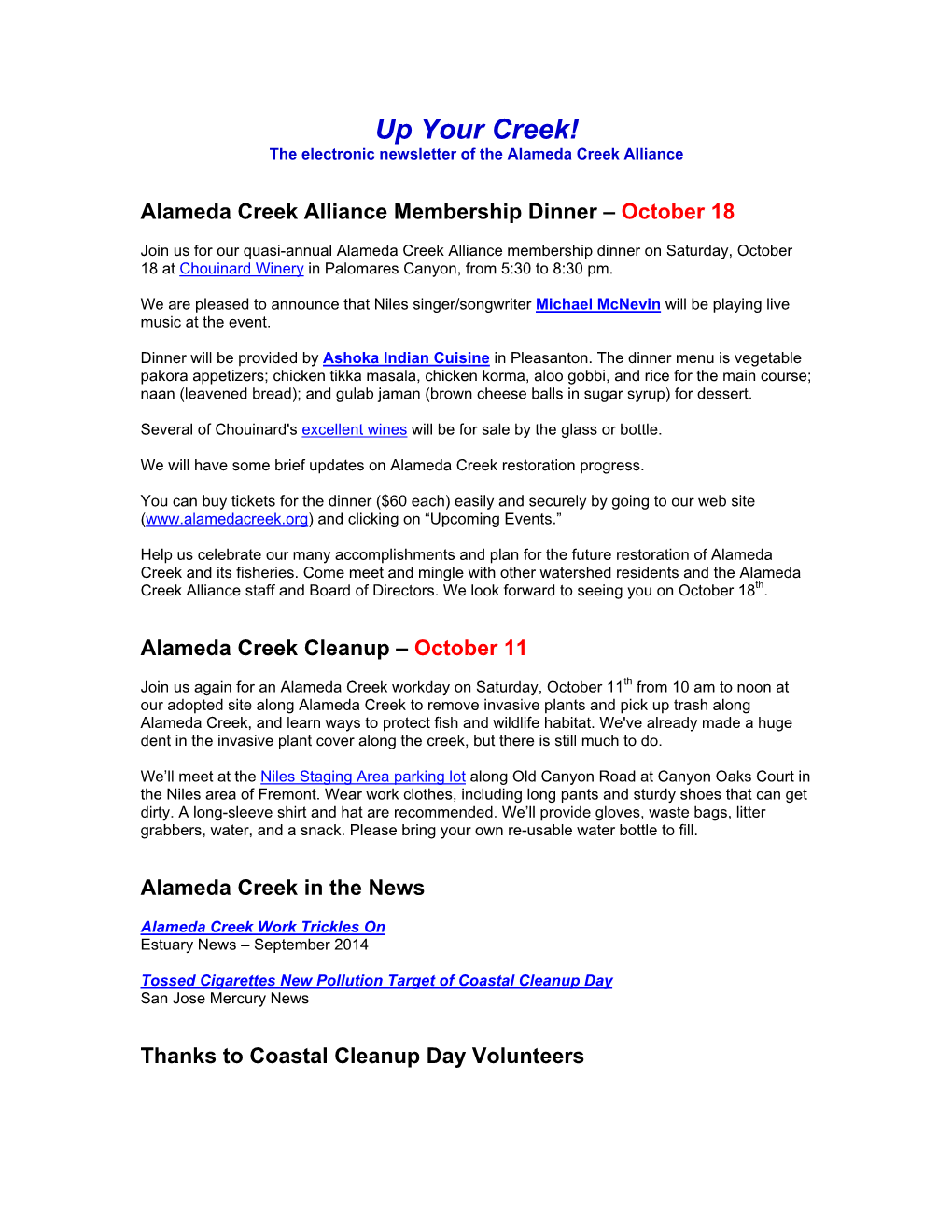 Up Your Creek! the Electronic Newsletter of the Alameda Creek Alliance