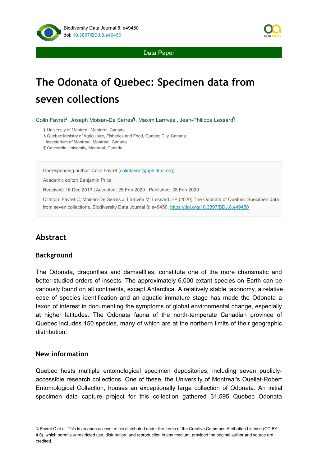 The Odonata of Quebec: Specimen Data from Seven Collections