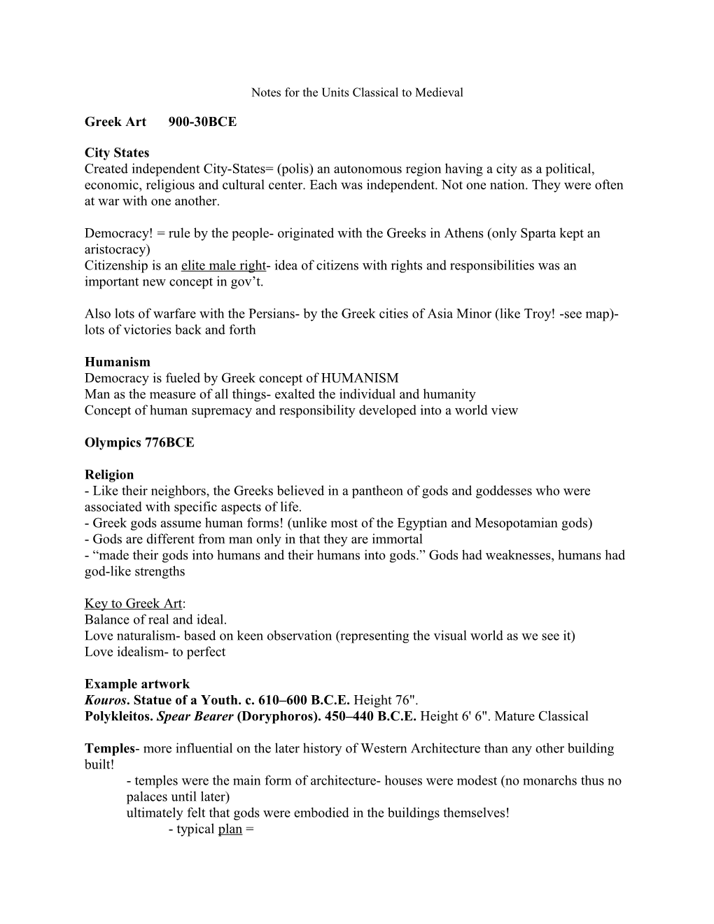 Notes for the Units Classical to Medieval