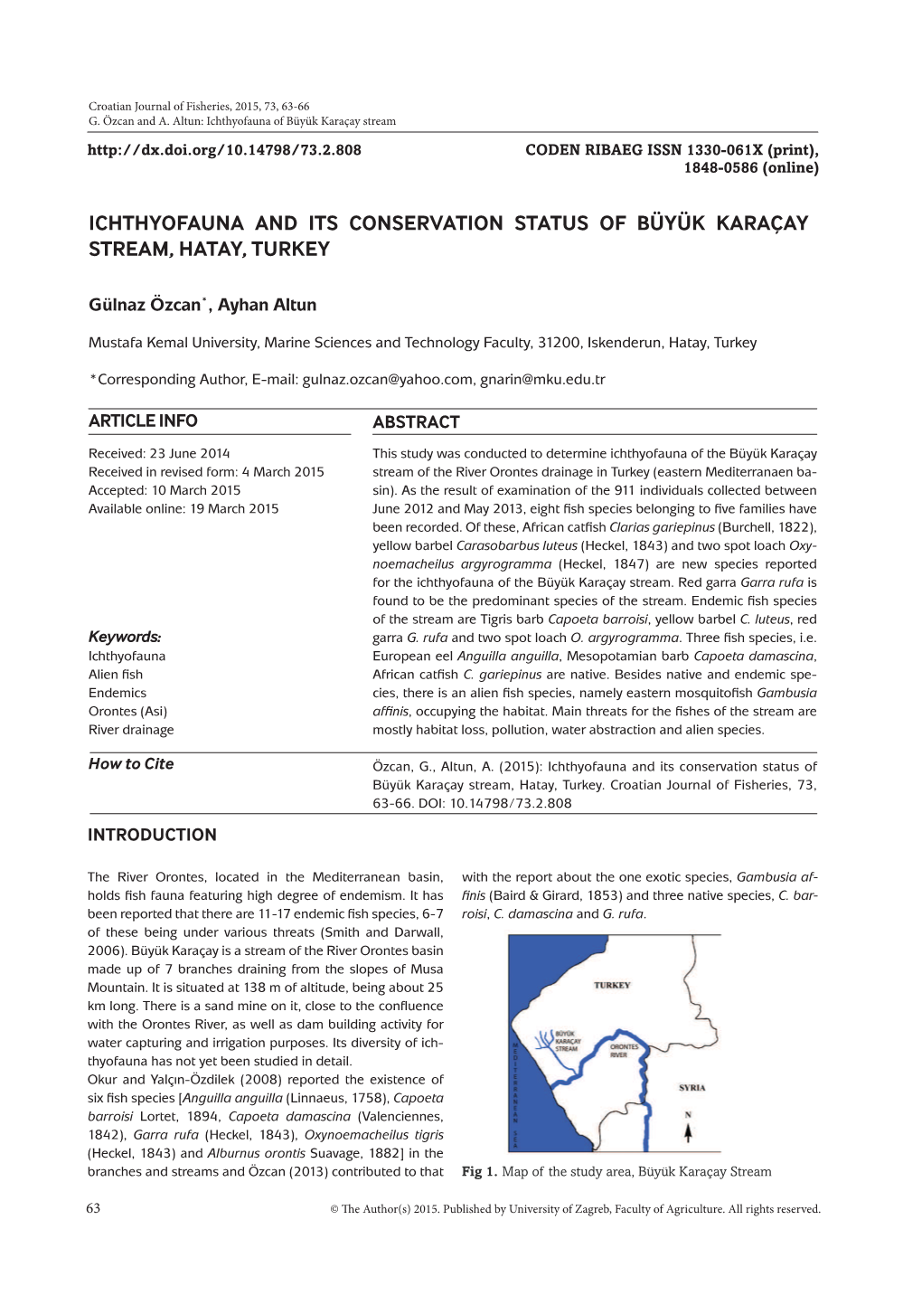 Ichthyofauna and Its Conservation Status of Büyük Karaçay Stream, Hatay, Turkey