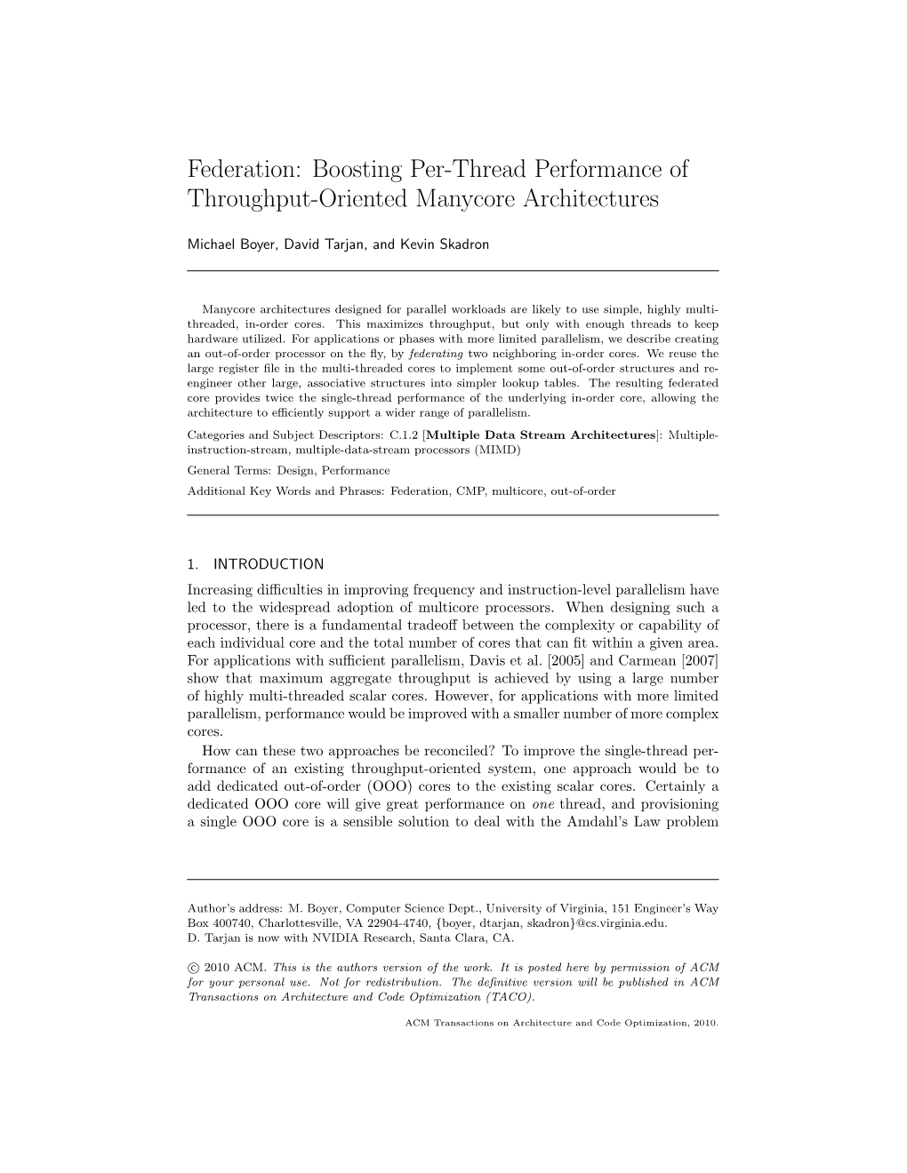 Federation: Boosting Per-Thread Performance of Throughput-Oriented Manycore Architectures