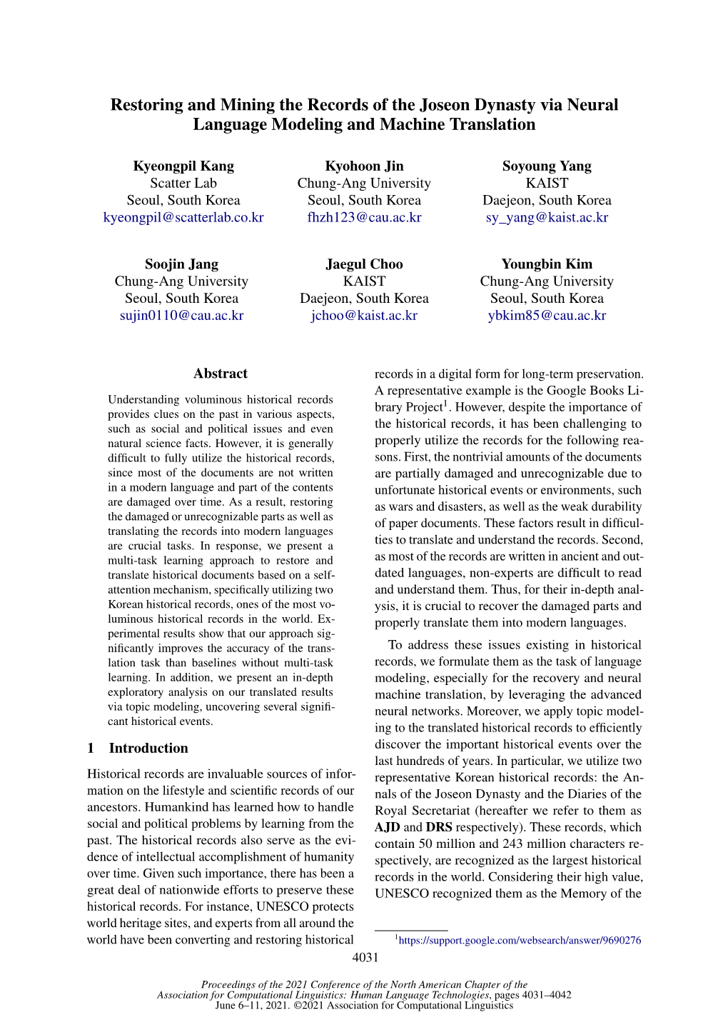 Restoring and Mining the Records of the Joseon Dynasty Via Neural Language Modeling and Machine Translation