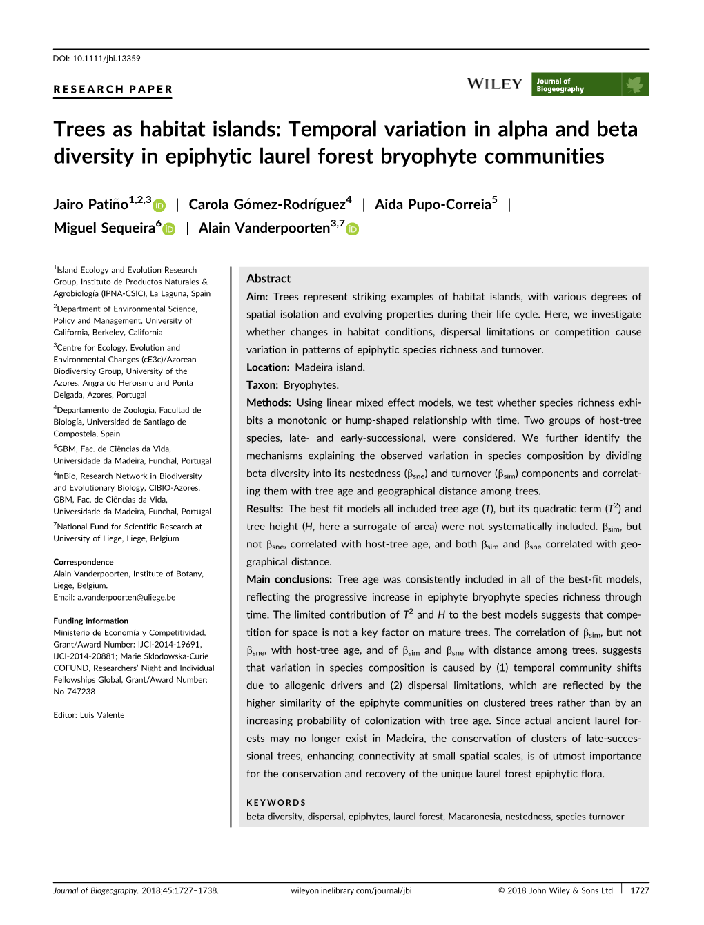 Trees As Habitat Islands: Temporal Variation in Alpha and Beta Diversity in Epiphytic Laurel Forest Bryophyte Communities