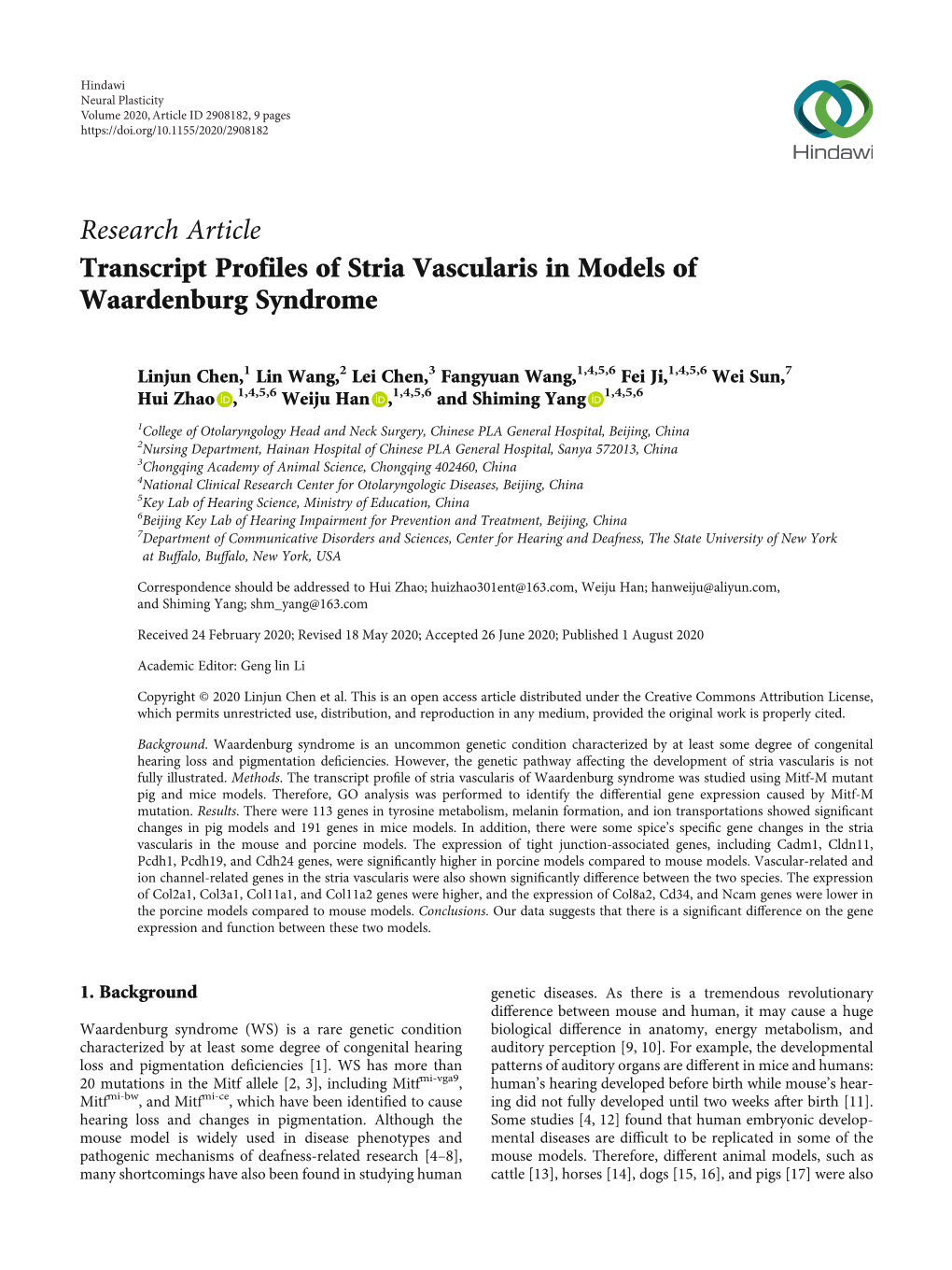 Transcript Profiles of Stria Vascularis in Models of Waardenburg Syndrome