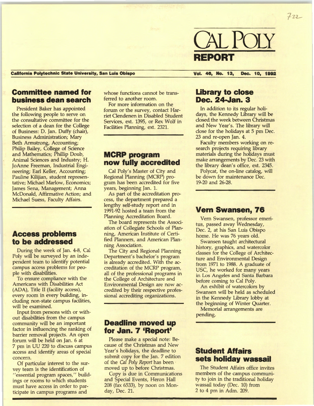 December 10, 1992 Cal Poly Report