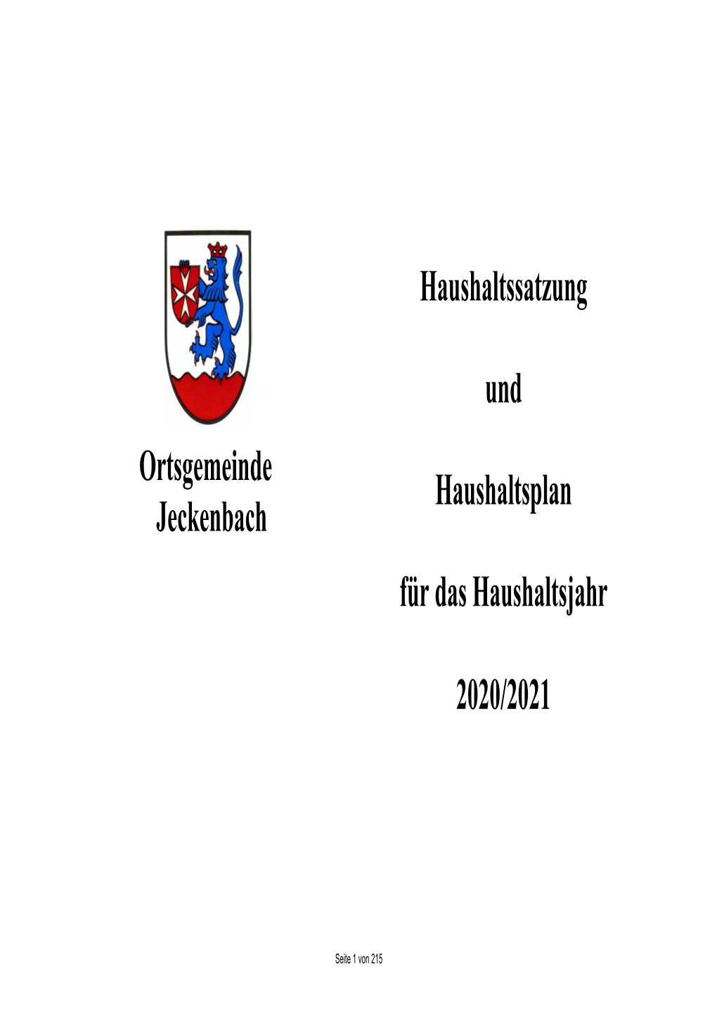 Haushaltsplan Der Ortsgemeinde Jeckenbach 2020-2021