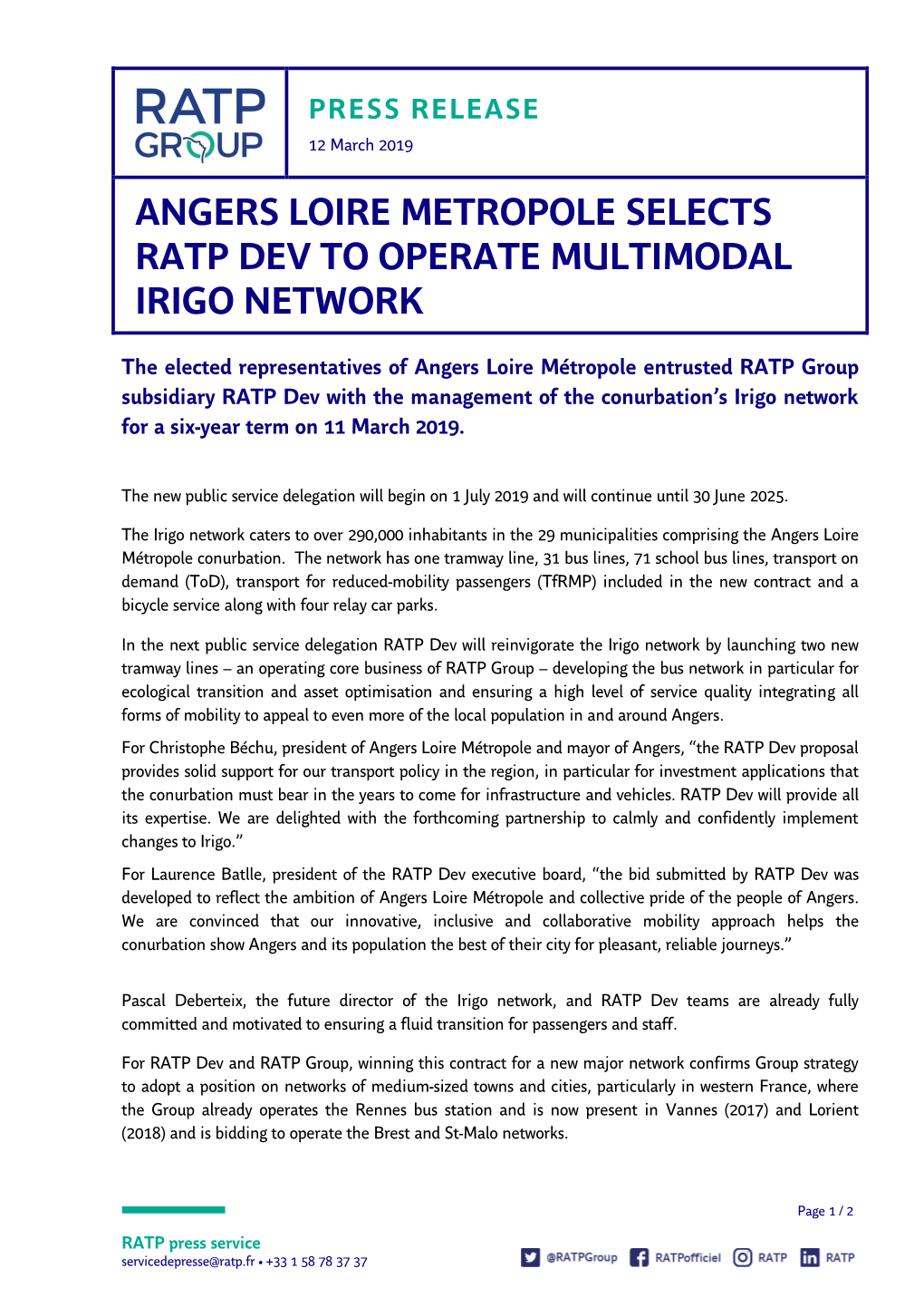 Angers Loire Metropole Selects Ratp Dev to Operate Multimodal Irigo Network