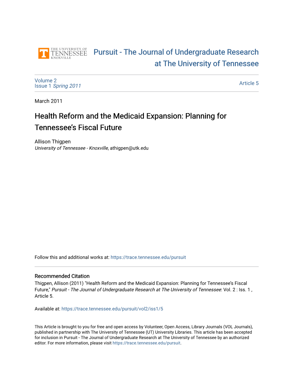 Health Reform and the Medicaid Expansion: Planning for Tennessee’S Fiscal Future