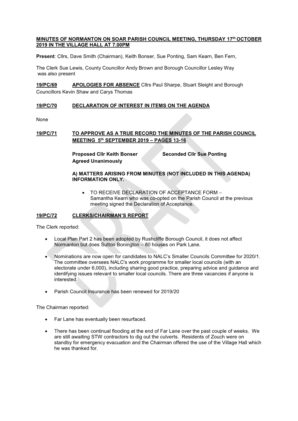 MINUTES of NORMANTON on SOAR PARISH COUNCIL MEETING, THURSDAY 17Th OCTOBER 2019 in the VILLAGE HALL at 7.00PM