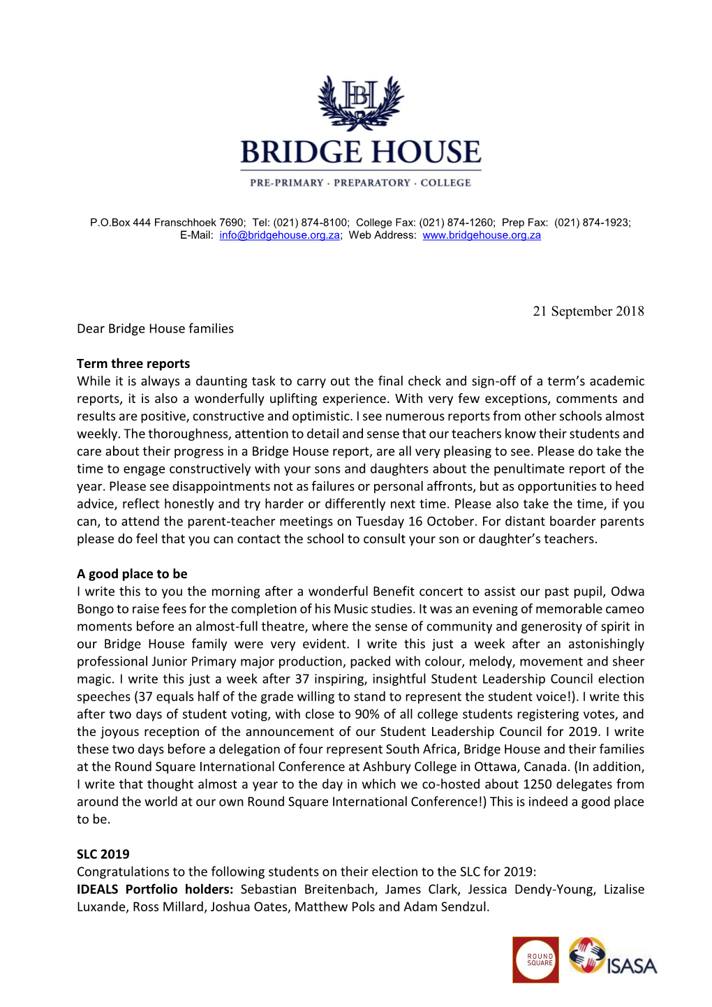 21 September 2018 Dear Bridge House Families
