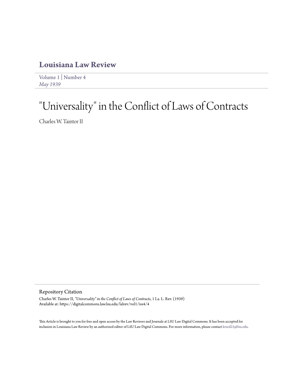 "Universality" in the Conflict of Laws of Contracts Charles W