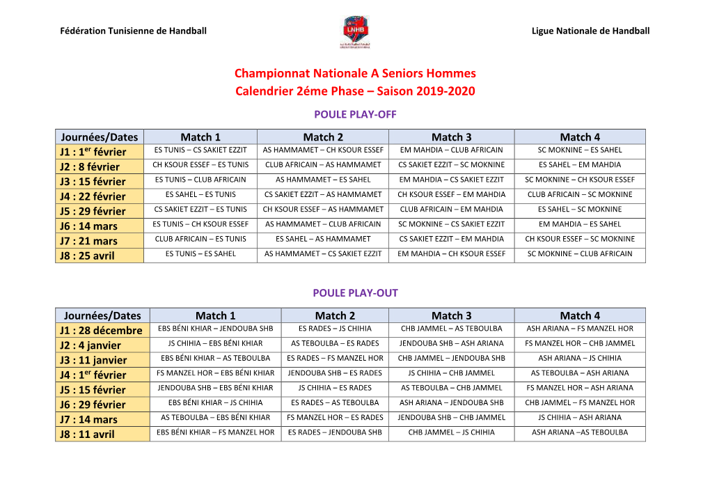 Championnat Nationale a Seniors Hommes Calendrier 2Éme Phase