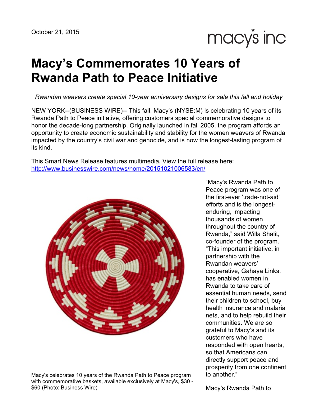 Macy's Commemorates 10 Years of Rwanda Path to Peace Initiative