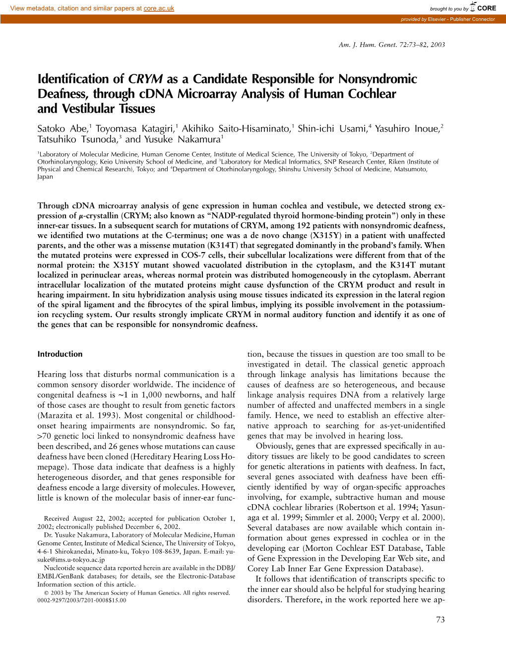 Identification of CRYM As a Candidate Responsible for Nonsyndromic