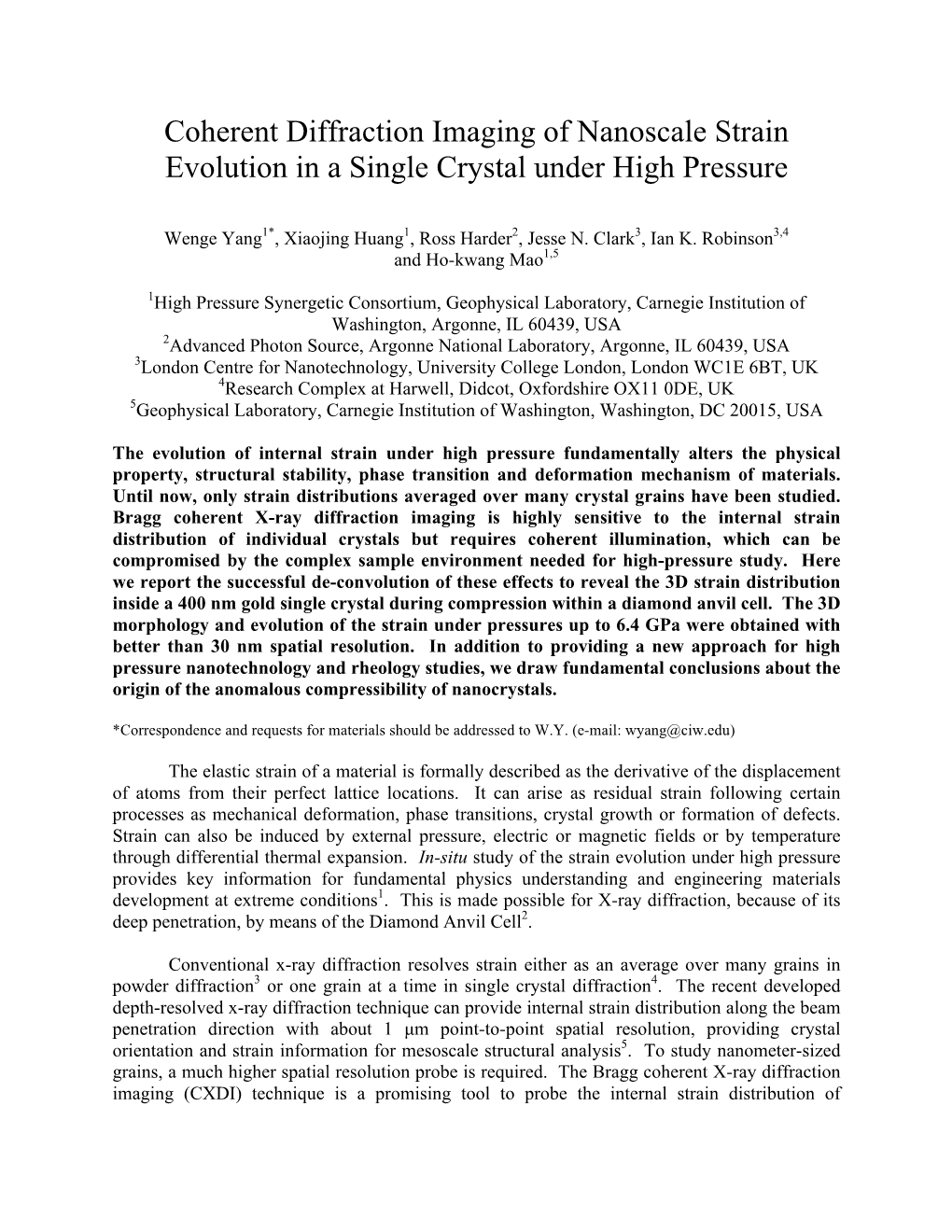 Coherent Diffraction Imaging of Nanoscale Strain Evolution in a Single Crystal Under High Pressure