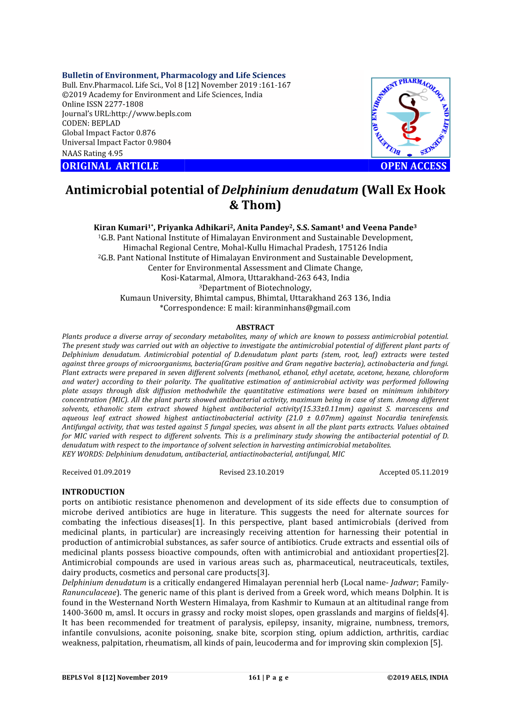 Antimicrobial Potential of Bial Potential of Delphinium Denudatum (Wall Ex