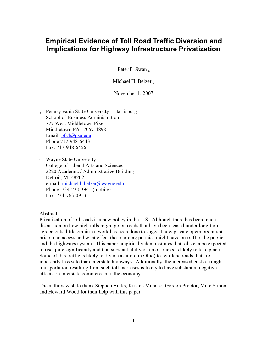 Empirical Evidence of Toll Road Traffic Diversion and Implications for Highway Infrastructure Privatization