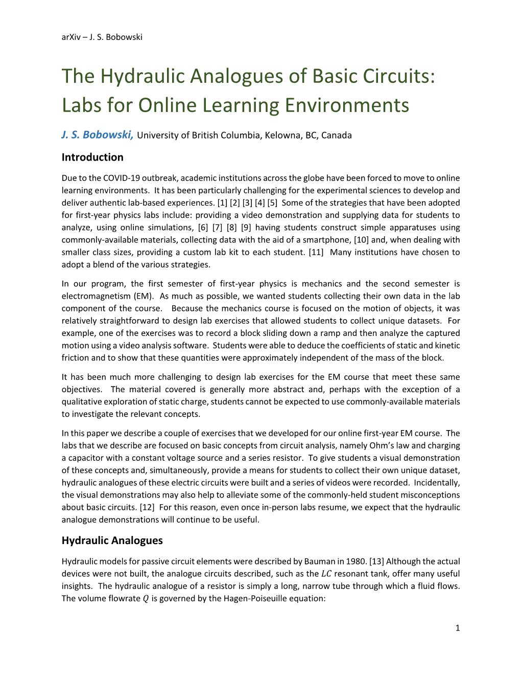 The Hydraulic Analogues of Basic Circuits: Labs for Online Learning Environments