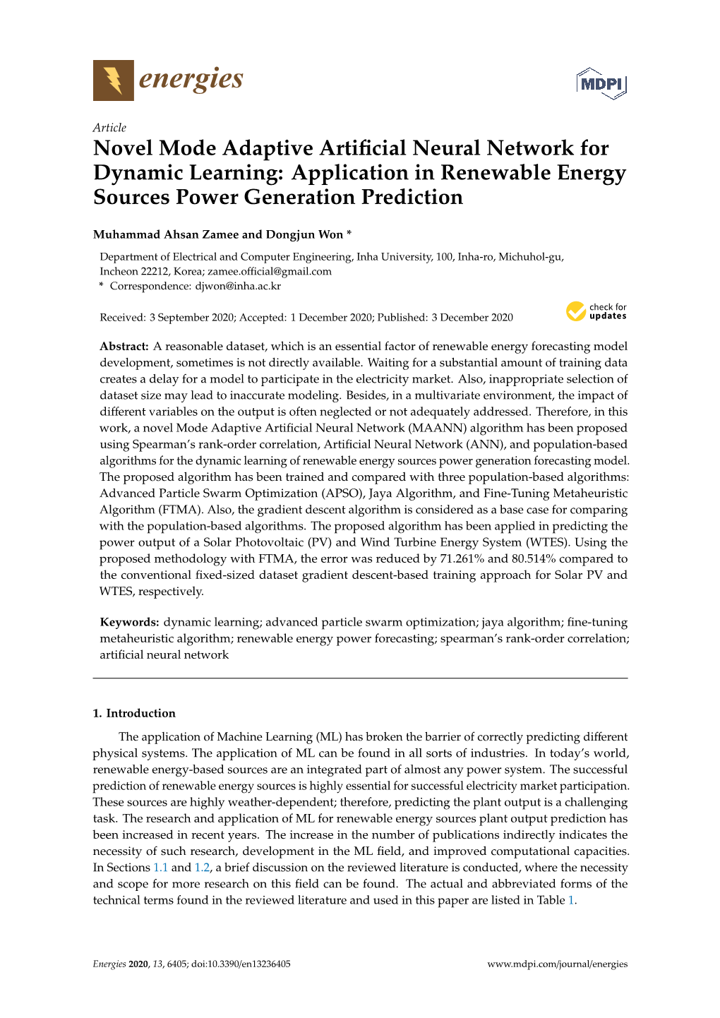 Novel Mode Adaptive Artificial Neural Network for Dynamic Learning