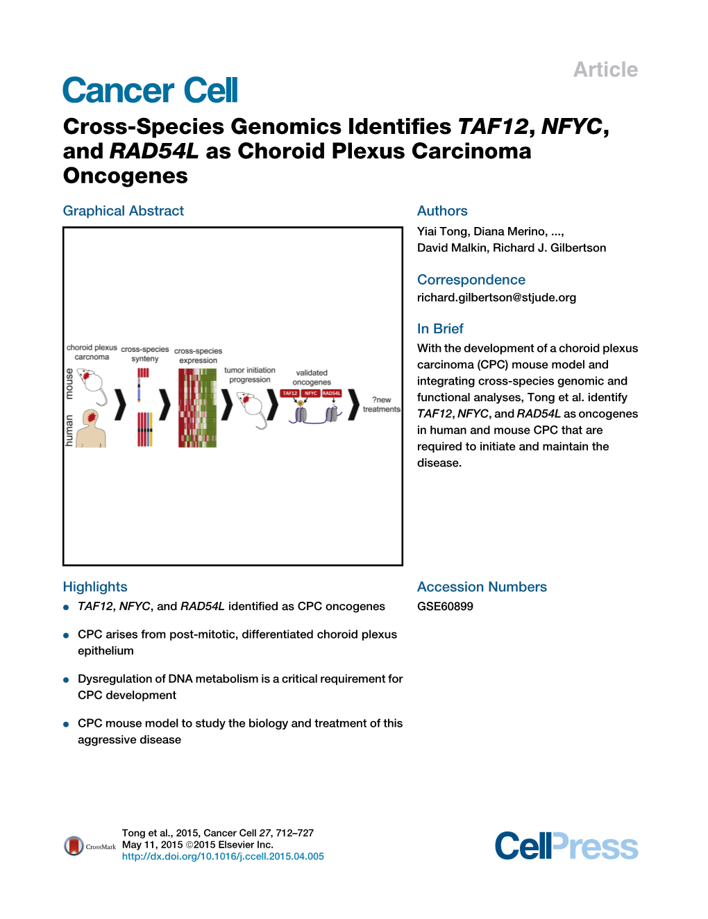 Cross-Species Genomics Identifies TAF12, NFYC, and RAD54L As Choroid Plexus Carcinoma Oncogenes