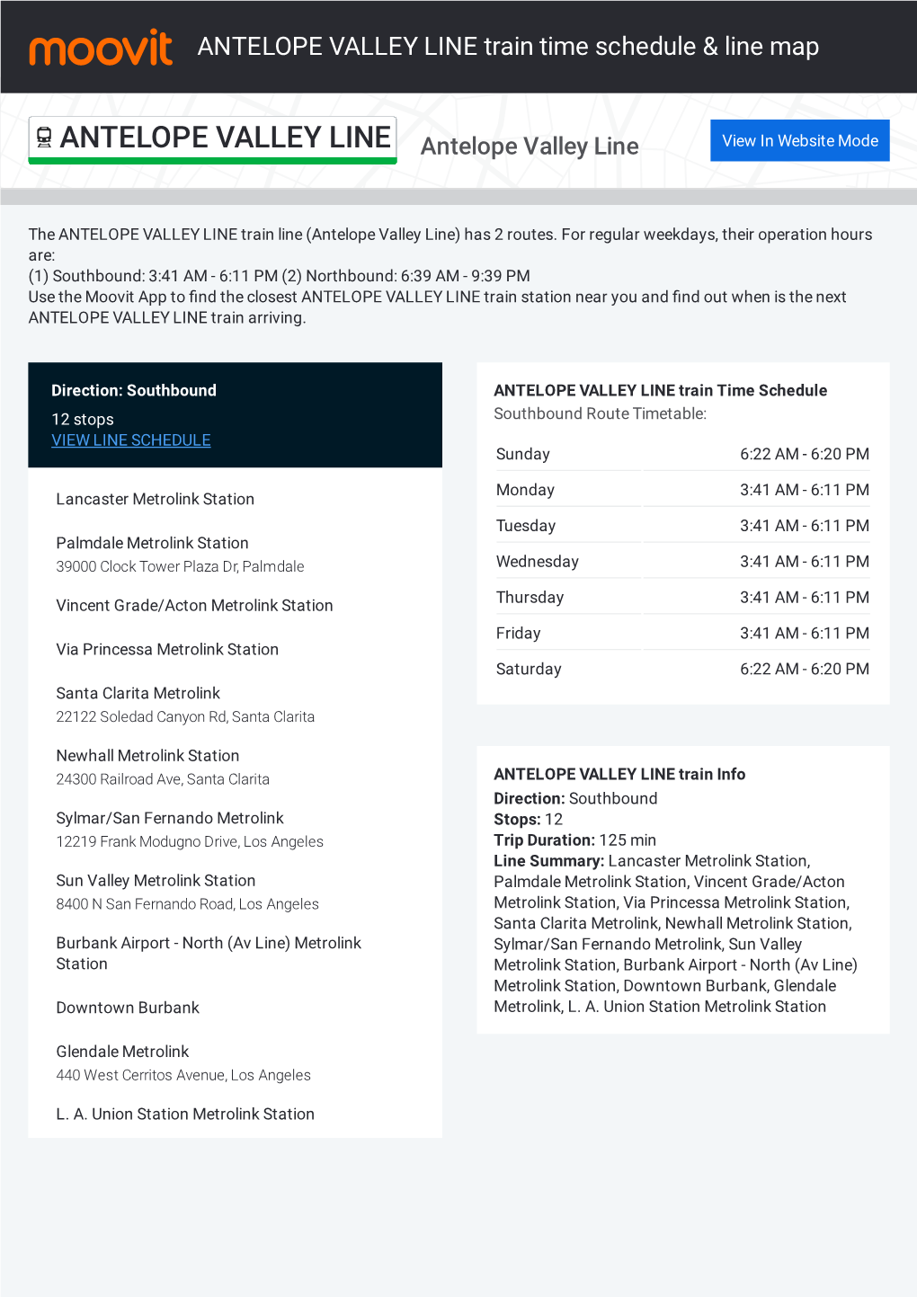 ANTELOPE VALLEY LINE Train Time Schedule & Line Route