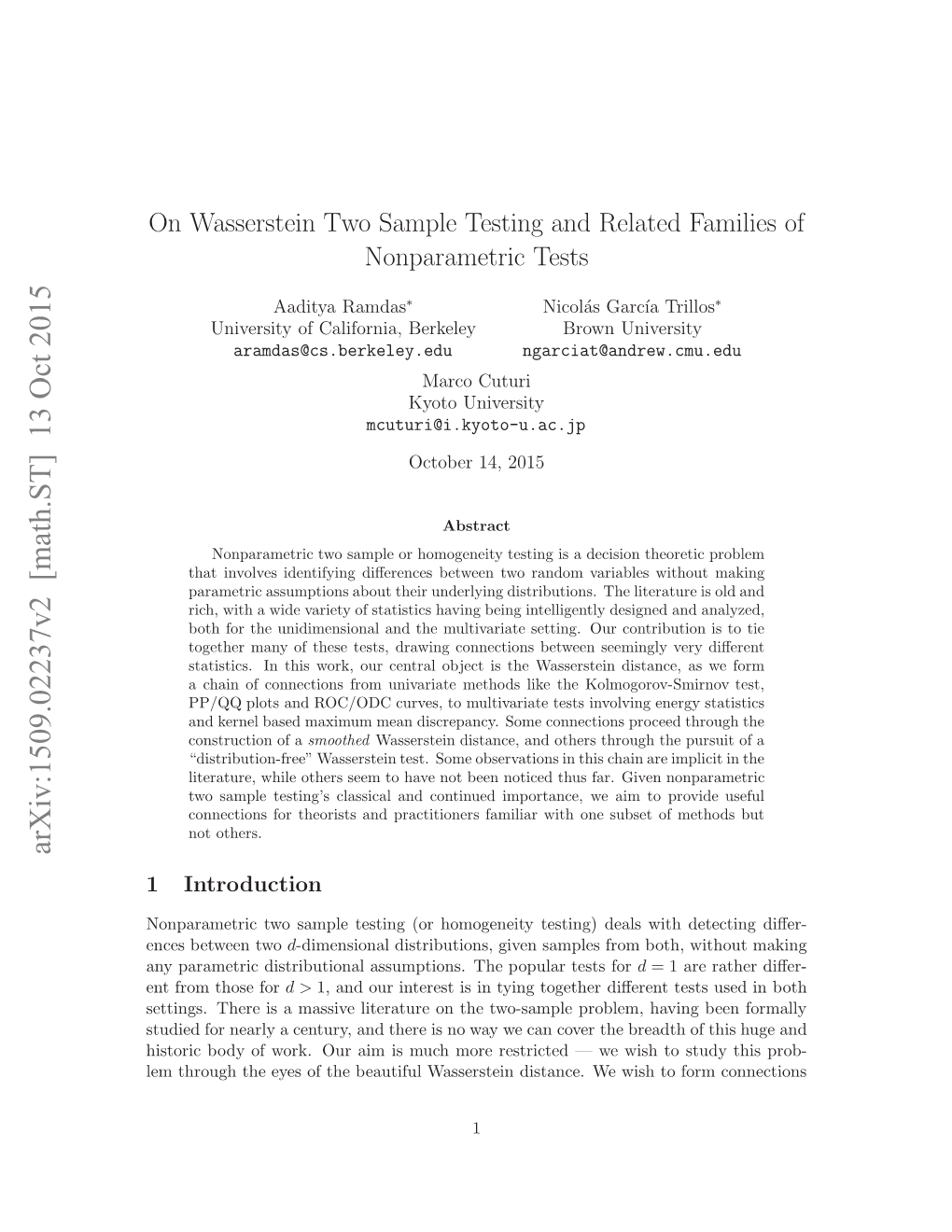 On Wasserstein Two Sample Testing and Related Families Of