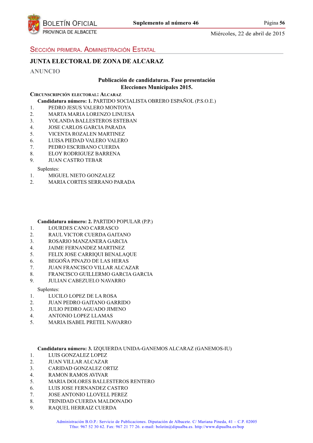 Junta Electoral De ZONA DE ALCARAZ ANUNCIO Publicación De Candidaturas