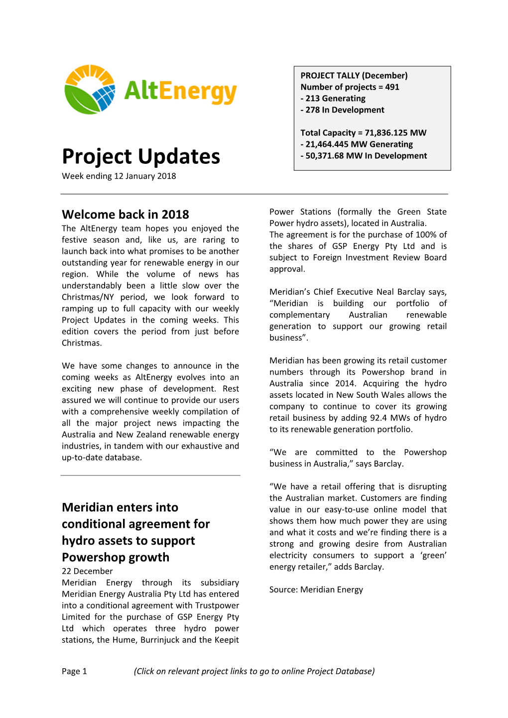 Project Updates Week Ending 12 January 2018