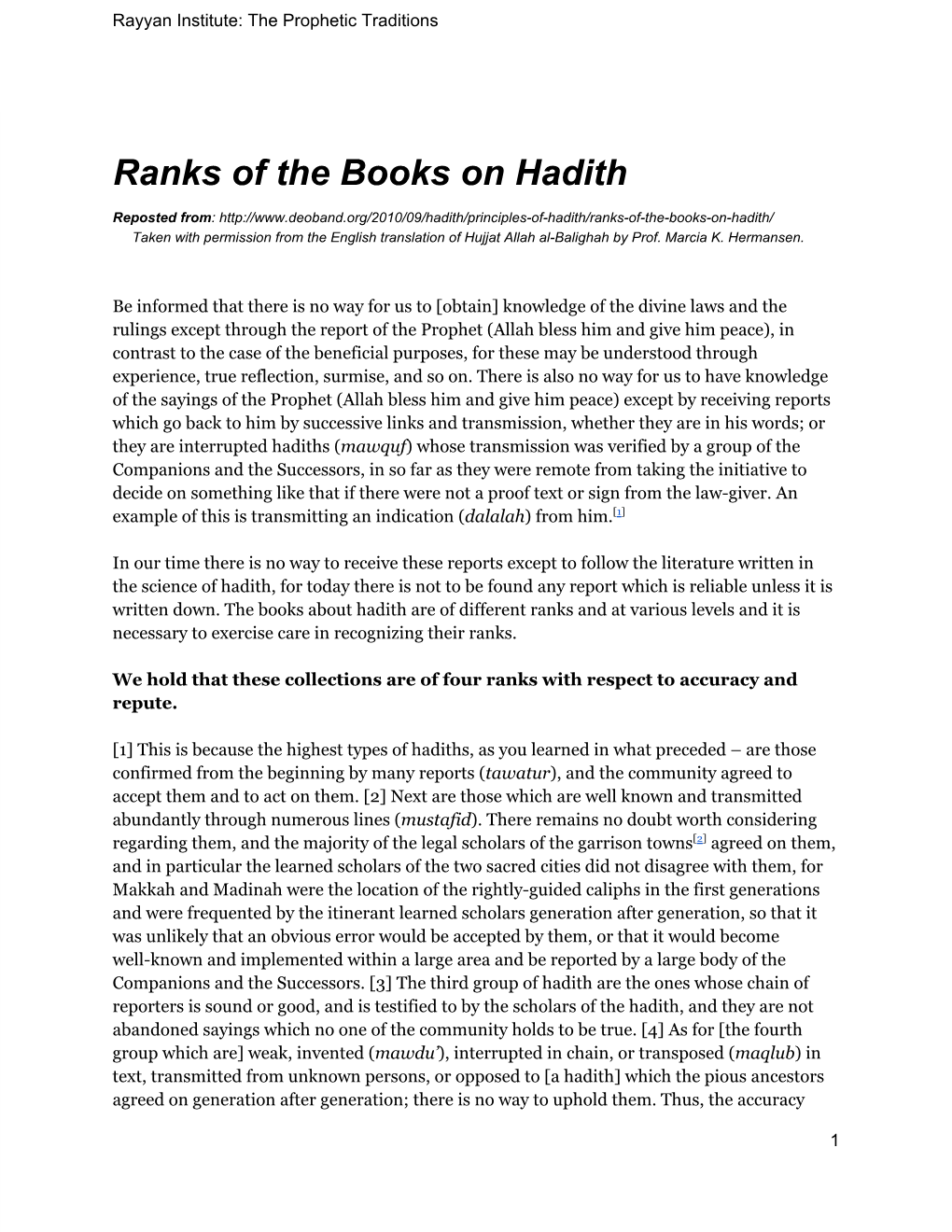 Ranks of the Books on Hadith