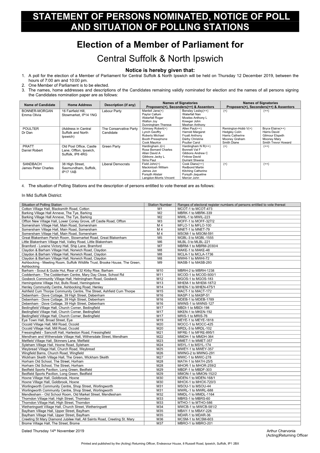 Election of a Member of Parliament for Central Suffolk & North Ipswich