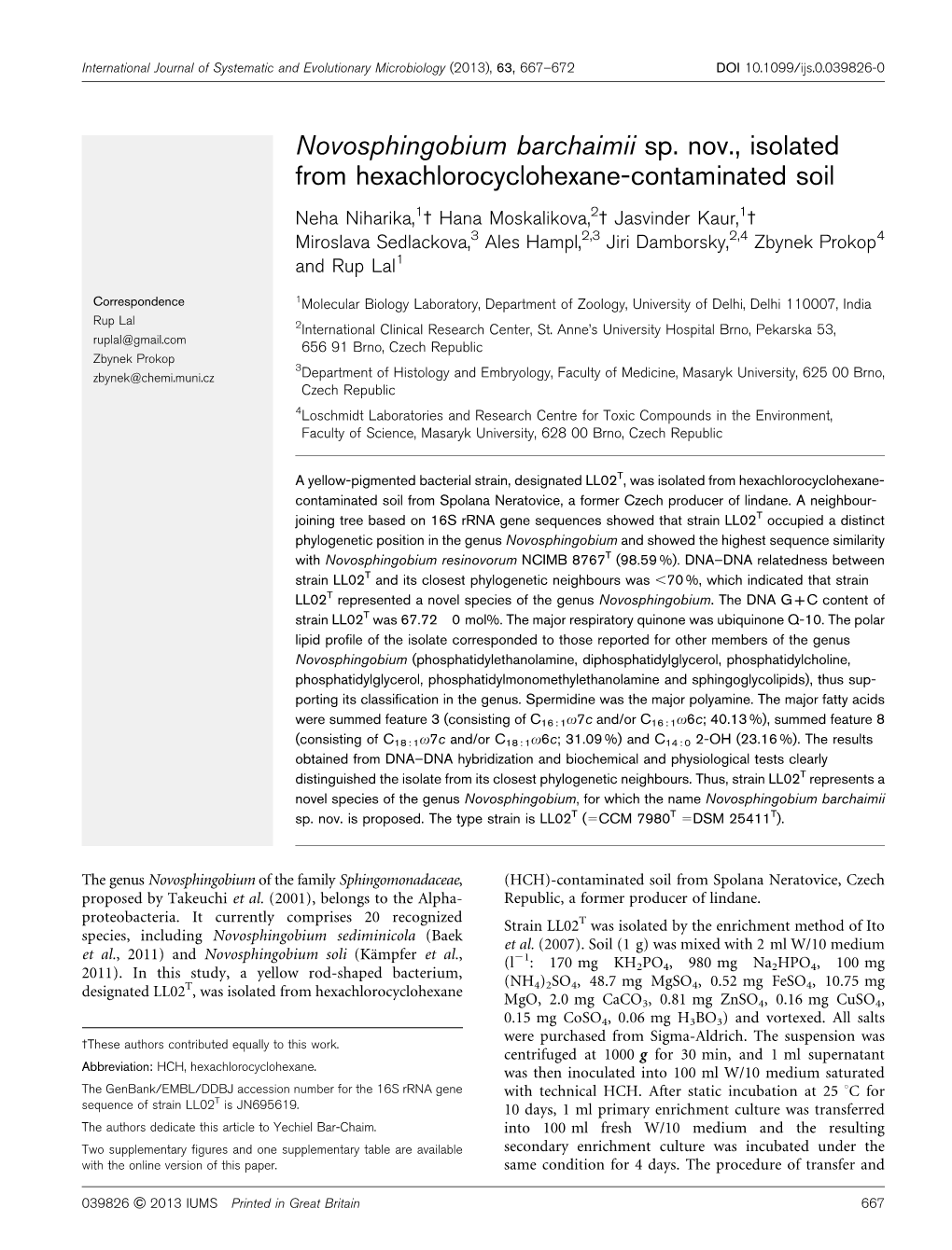Novosphingobium Barchaimii Sp. Nov., Isolated from Hexachlorocyclohexane-Contaminated Soil