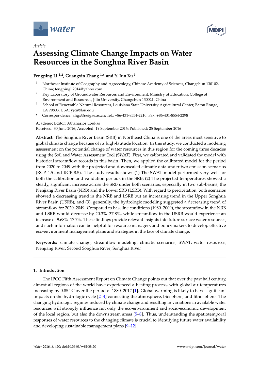 Assessing Climate Change Impacts on Water Resources in the Songhua River Basin