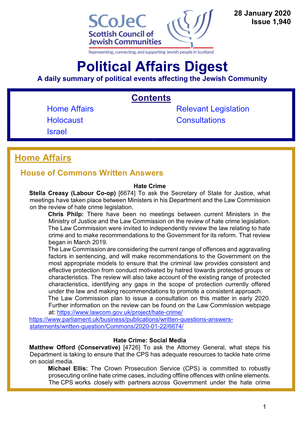 Political Affairs Digest a Daily Summary of Political Events Affecting the Jewish Community