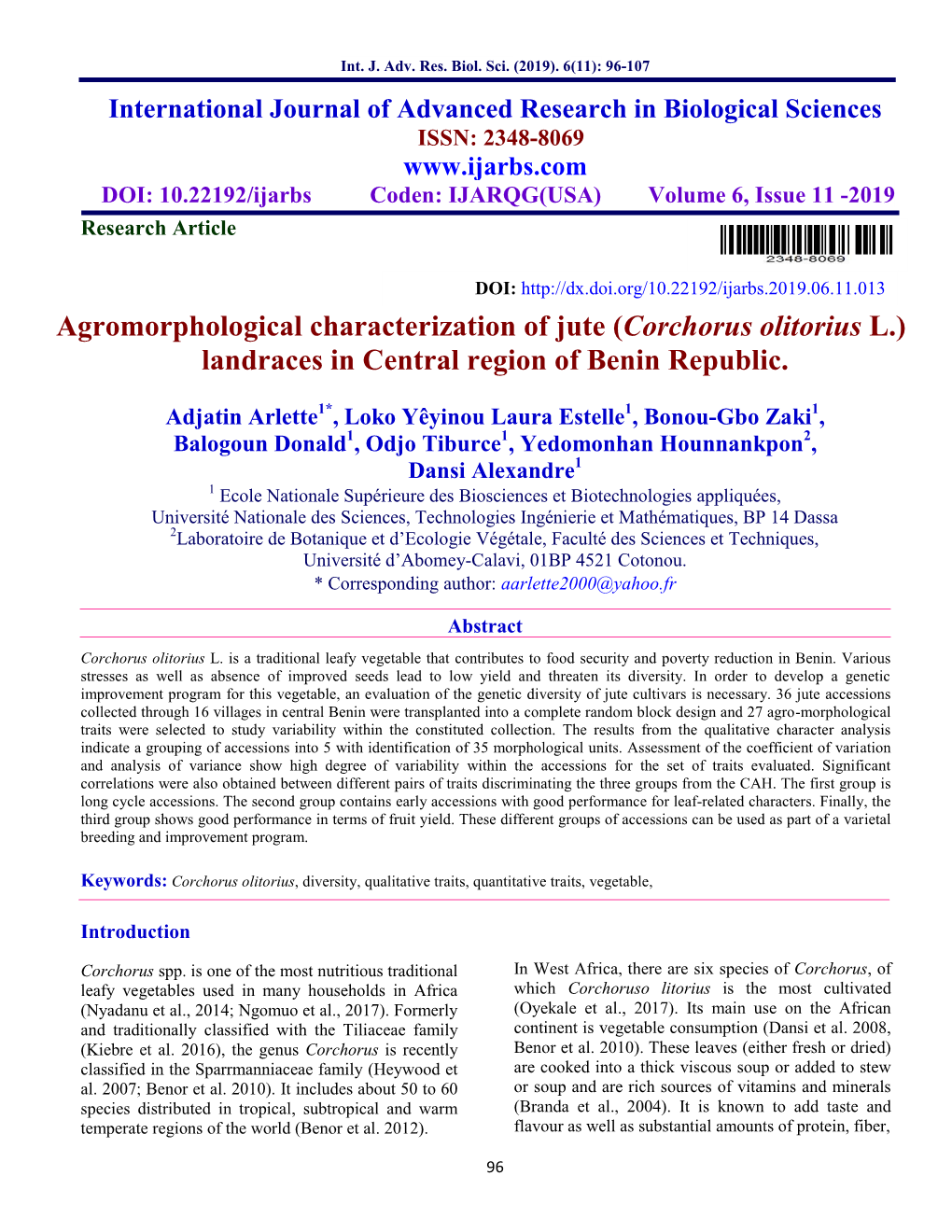 Agromorphological Characterization of Jute (Corchorus Olitorius L.) Landraces in Central Region of Benin Republic