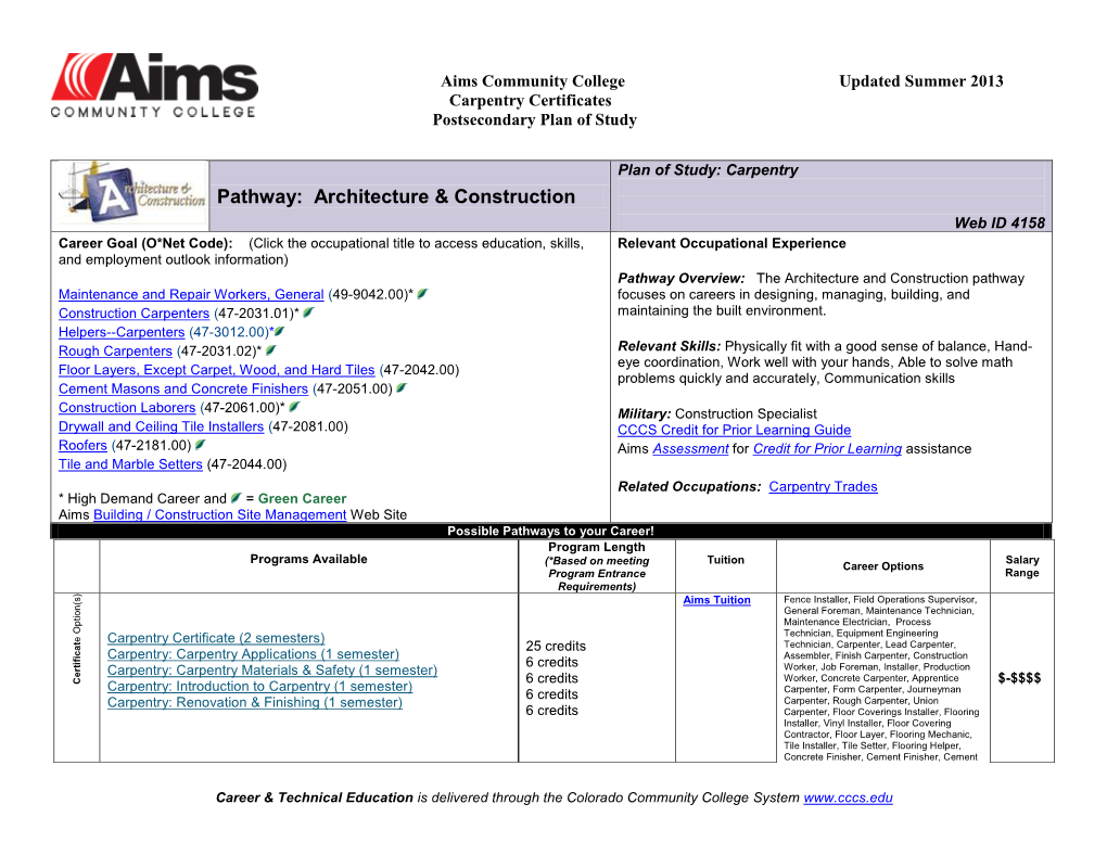 Carpentry Certificates Postsecondary Plan of Study