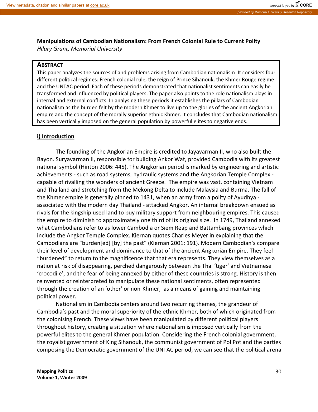 Manipulations of Cambodian Nationalism: from French Colonial Rule to Current Polity Hilary Grant, Memorial University