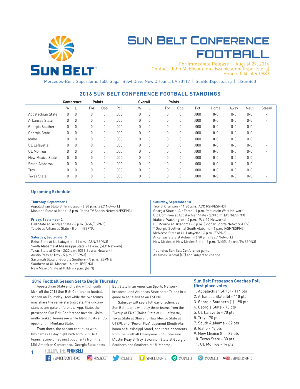 Sun Belt Conference Football Weekly News and Notes