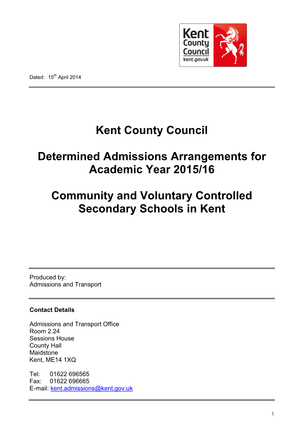 Kent County Council Determined Admissions Arrangements For