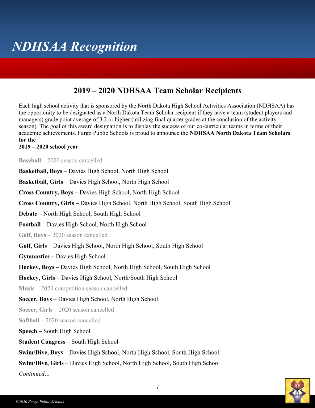 NDHSAA Recognition