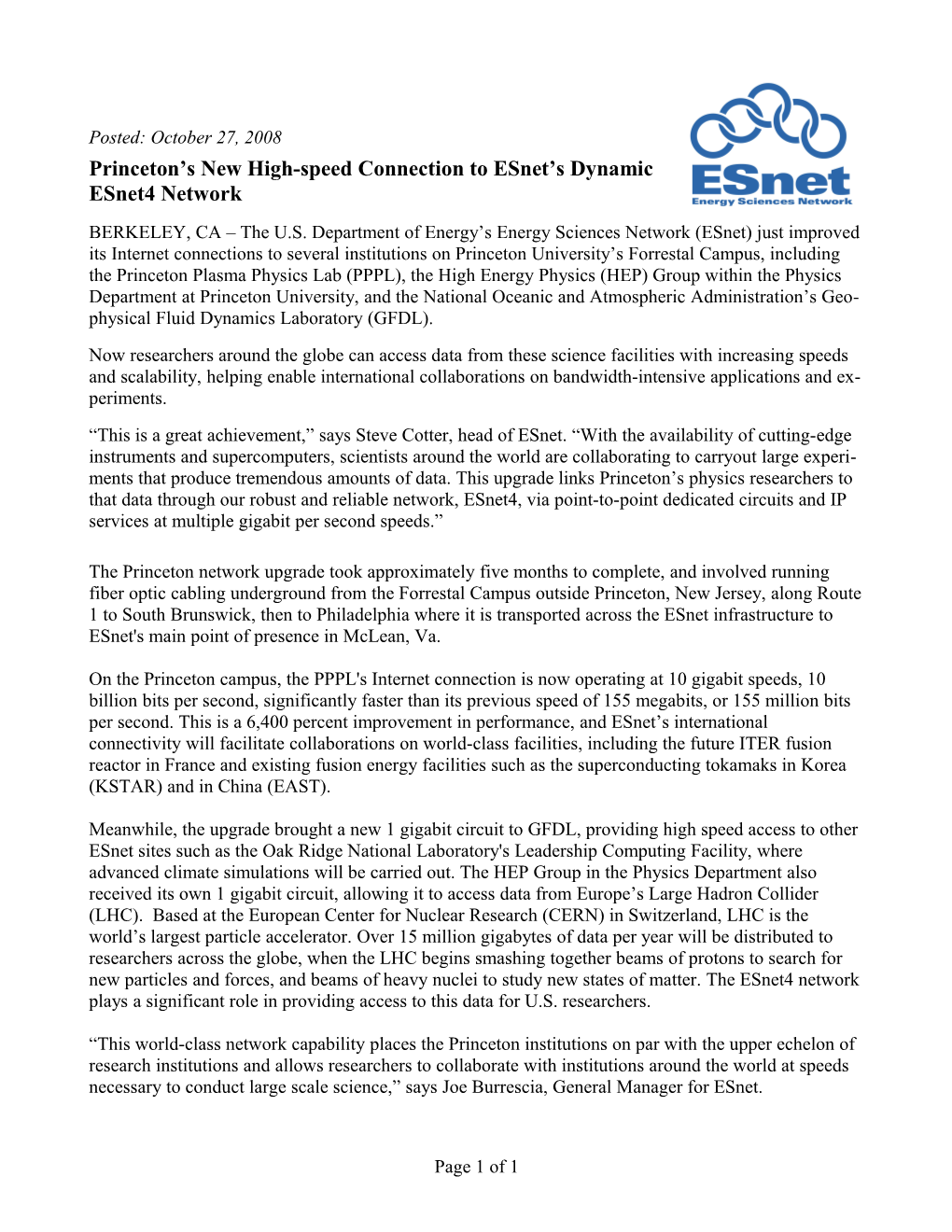 Esnet Connects Princeton to Global Science Sites at Near Real-Time Speeds