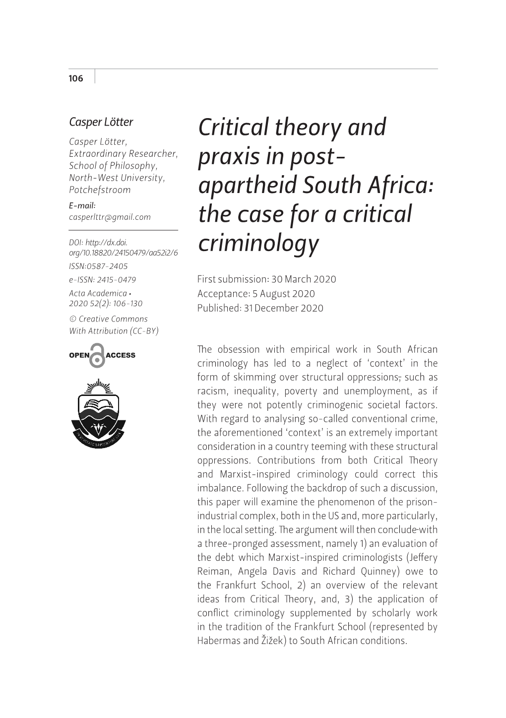 Critical Theory and Praxis in Post- Apartheid South Africa: the Case For
