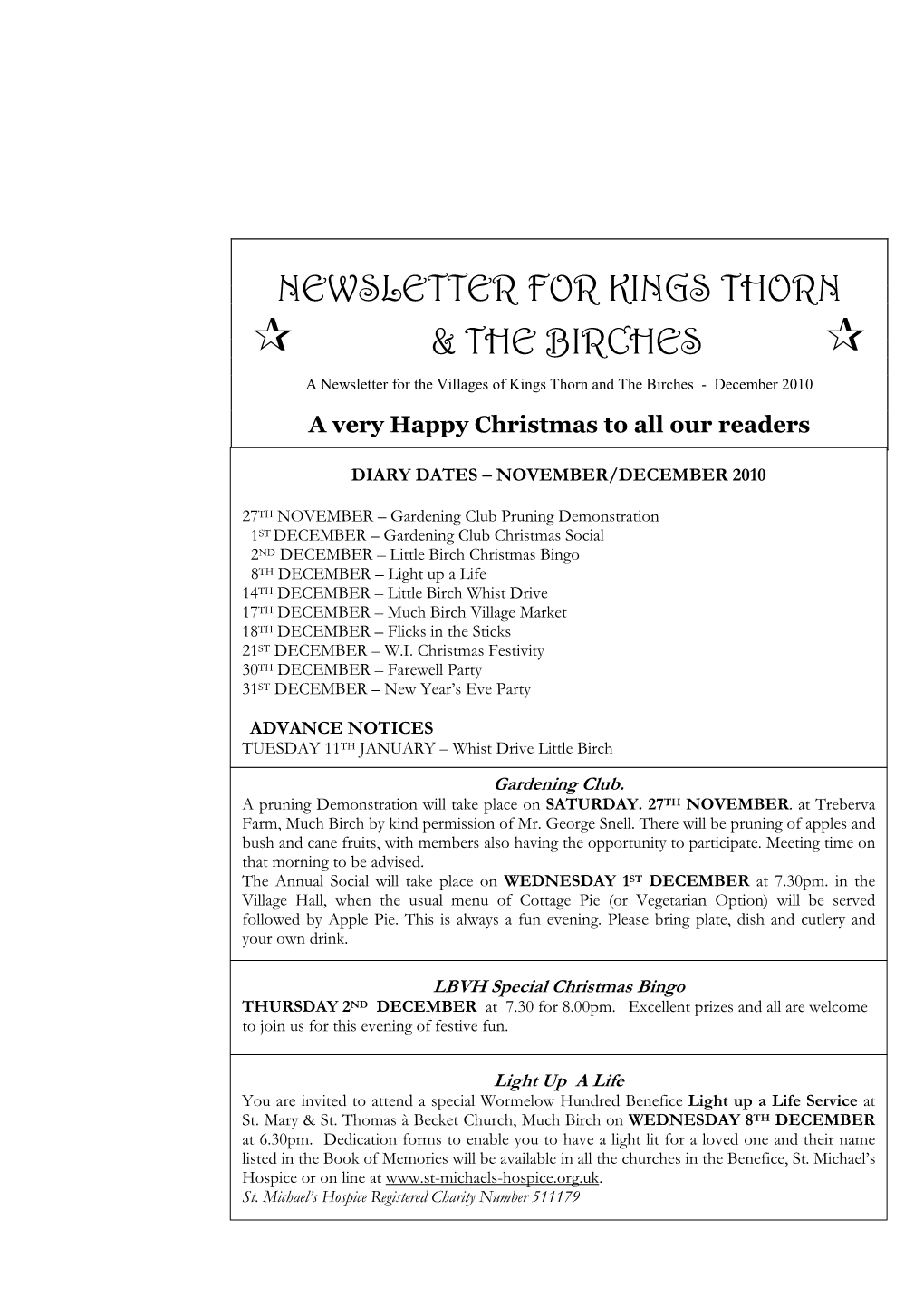 Newsletter for Kings Thorn & the Birches