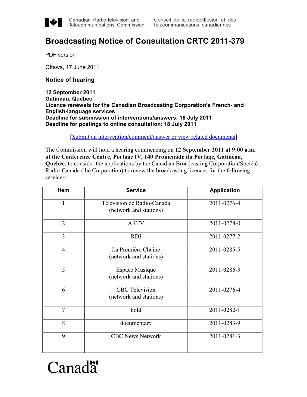 Broadcasting Notice of Consultation CRTC 2011-379