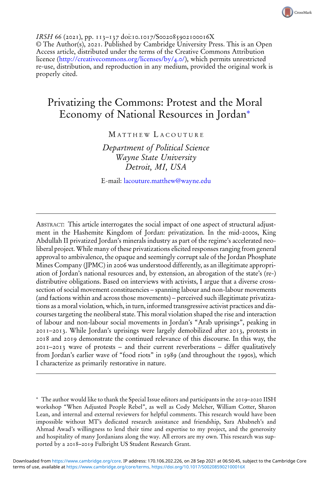 Privatizing the Commons: Protest and the Moral Economy of National Resources in Jordan∗