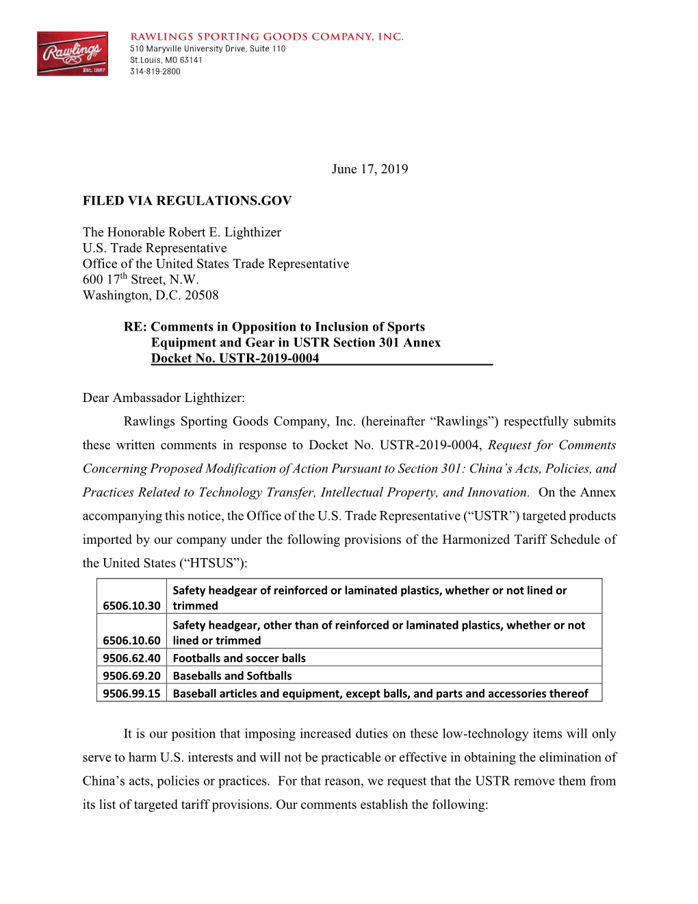 June 17, 2019 FILED VIA REGULATIONS.GOV the Honorable